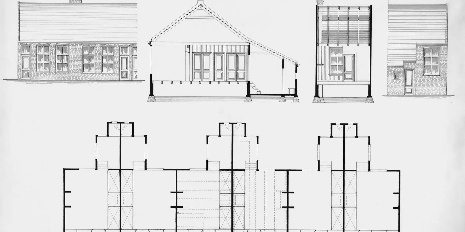 Architectural drawings of terraced houses with elevations and floor plans