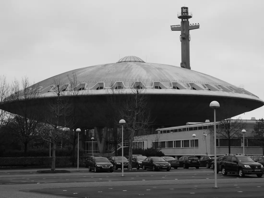 The Evoluon, a domed landmark building in Eindhoven, in black and white