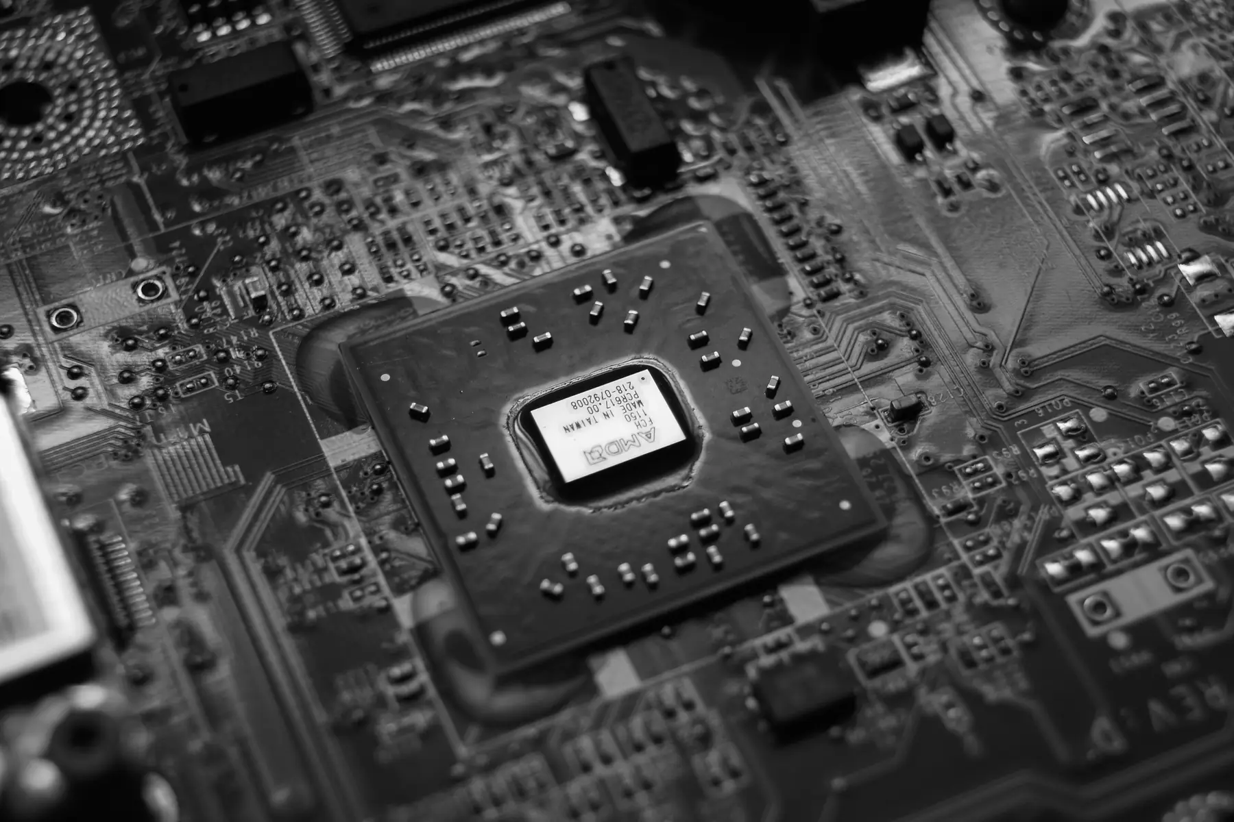Close-up of a processor on a black circuit board