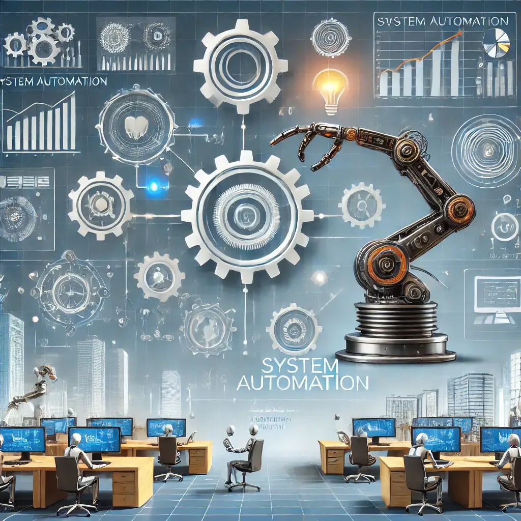 Business system automation with robotic arms, flowcharts, and optimized workflows to enhance productivity.